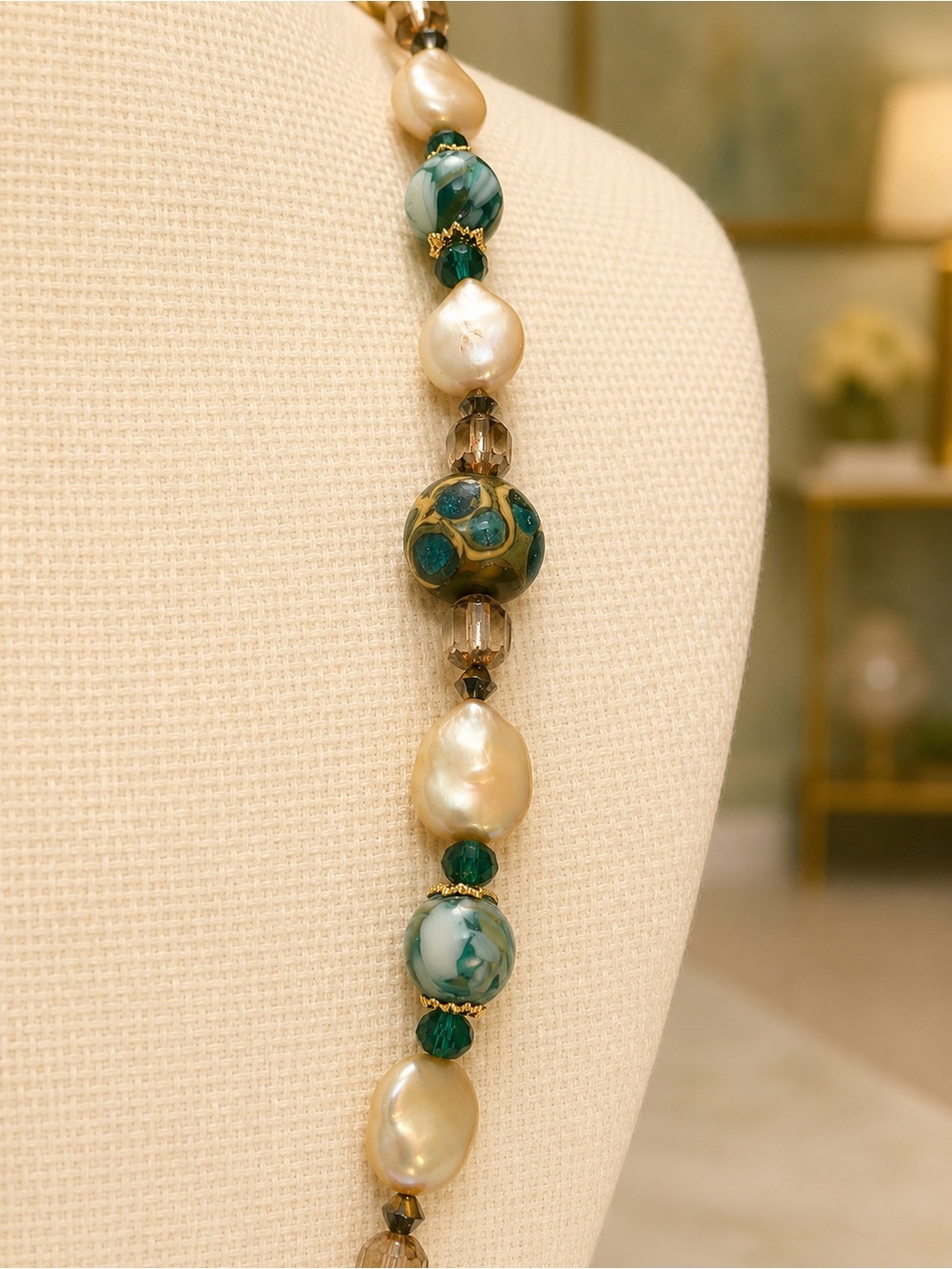 Artisan Lampwork Venetian Glass, Mother of Pearl/Baroque Pearls/Swarovski - Picture 2 of 3